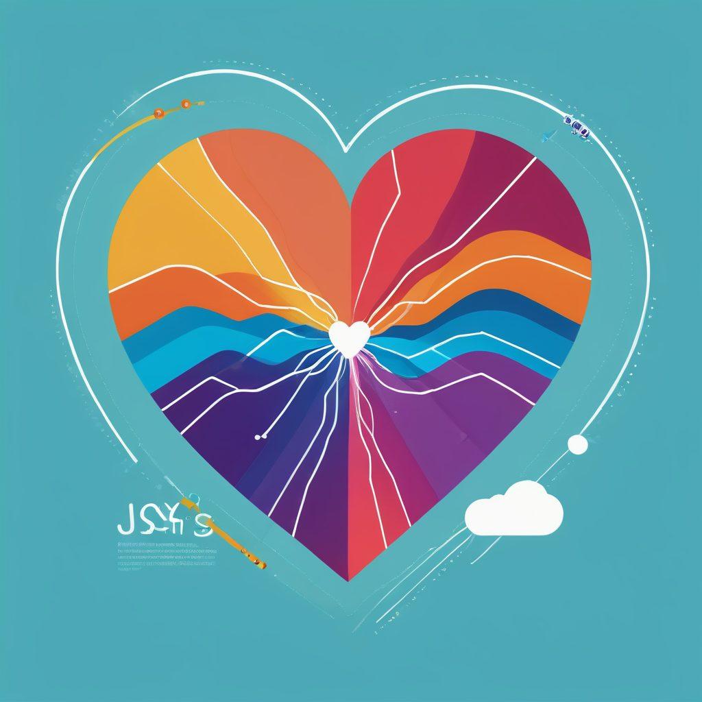 A beautifully designed infographic depicting a heart-shaped graph with various data points representing different aspects of a love life, intertwined with colorful lines leading towards emotional keywords like 'joy', 'growth', and 'connection'. The background features subtle silhouettes of couples in different emotional states, enhancing the theme of emotional navigation. Use vibrant colors and modern design elements. vector art. bright and inviting colors.