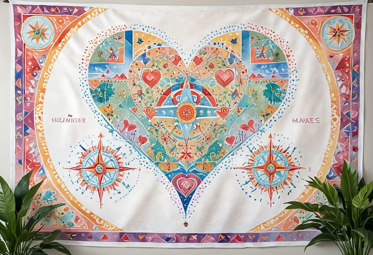 A beautifully intricate map design that intertwines geometric shapes such as hearts, circles, and triangles, symbolizing different relationships. A compass in the center, indicating 'True North' with love symbols instead of direction markers, surrounded by colorful pathways connecting people. Soft pastel colors for a warm feel, with a subtle glow effect to enhance the romantic theme. watercolor style. vibrant colors. white background.